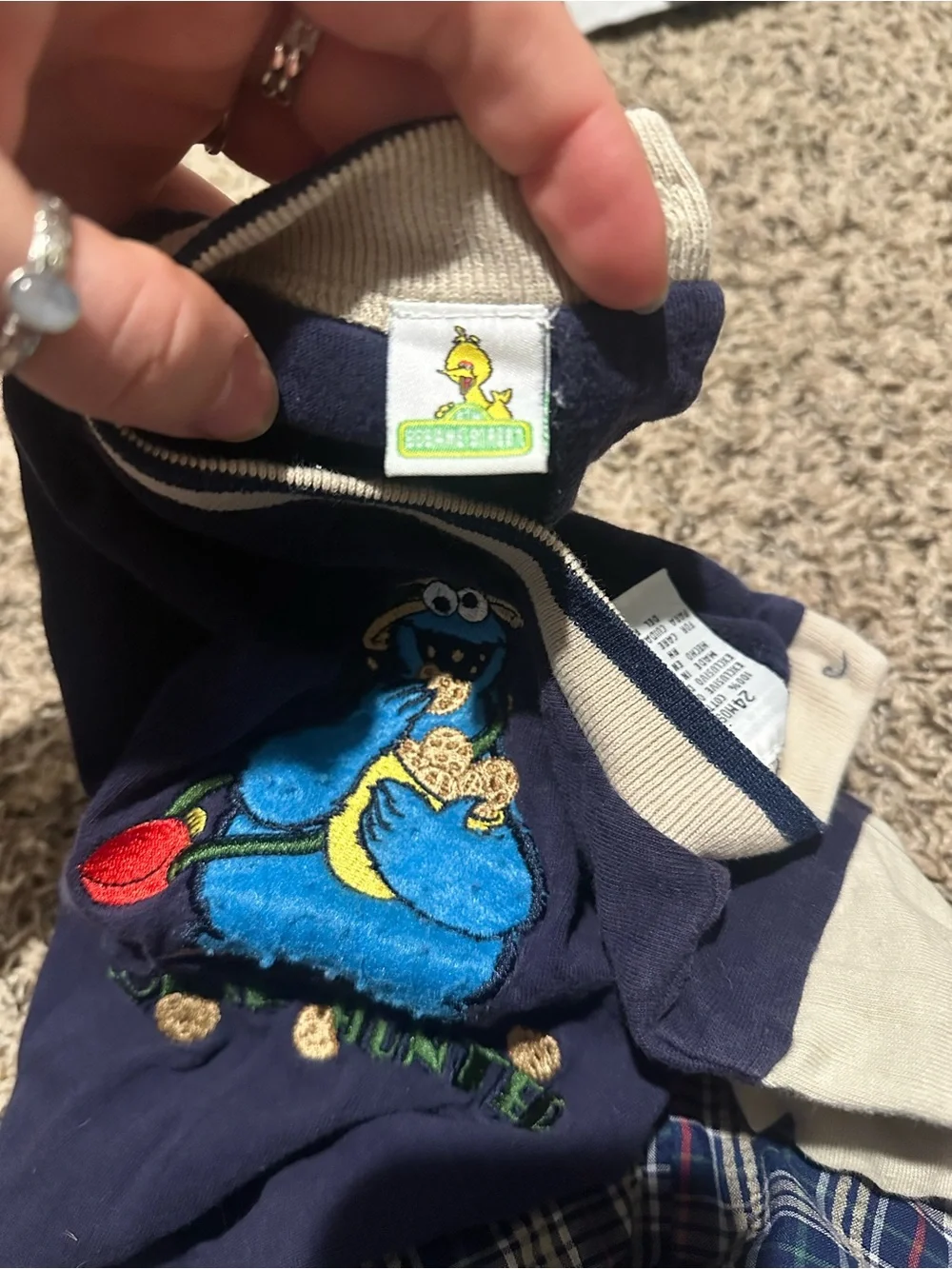 Vintage Kids Navy Cookie Monster two piece Set - Blue Plaid Shorts